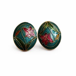 Vintage Cloisonné Floral Clip-On Earrings